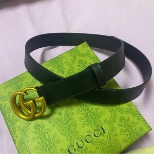 Gucci Dark Green Leather Belt with Gold GG Buckle